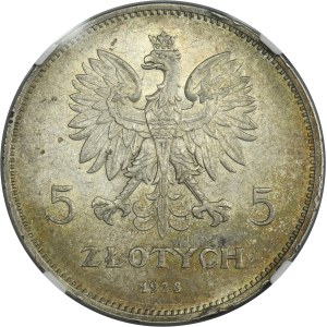 Nike, 5 złotych Bruksela 1928 - NGC AU DETAILS