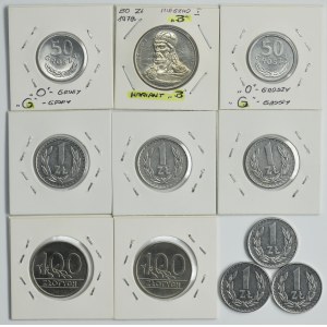 Zestaw, DESTRUKT, 50 groszy, 1 złoty, 50 złotych i 100 złotych (11 szt.)