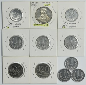 Set, DESTRUKT, 50 pennies, 1 zloty, 50 zlotys and 100 zlotys (11 pieces).