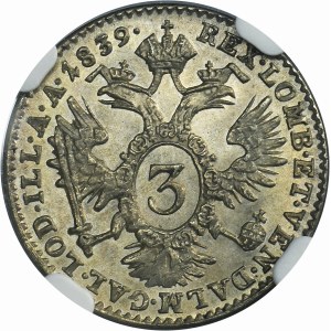 Austria, Ferdynand I, 3 Krajcary Wiedeń 1839 A - NGC MS64