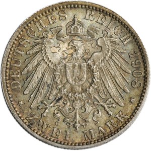 Germany, Kingdom of Württemberg, Wilhelm II, 2 Mark Stuttgart 1908 F