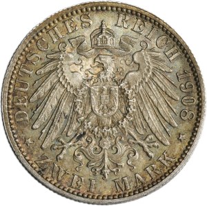 Germany, Kingdom of Württemberg, Wilhelm II, 2 Mark Stuttgart 1908 F