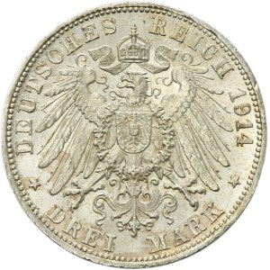 Germany, Grand Duchy of Baden, Friedrich II, 3 Mark Karlsruhe 1914 G