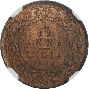 India, British India, George V, 1/12 Anna Calcutta 1914 - NGC MS64 RB