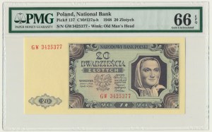 20 złotych 1948 - GW - PMG 66 EPQ - papier prążkowany
