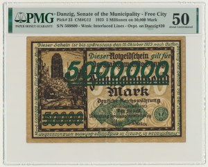 Danzig, 5 milion Mark 1923 - green overprint - PMG 50