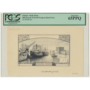 500 złotych 1939 - czarnodruk projektu rewersu - PCGS 65 PPQ - RZADKOŚĆ