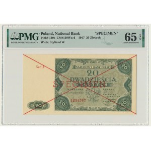 20 złotych 1947 - SPECIMEN - A 1234567 - PMG 65 EPQ