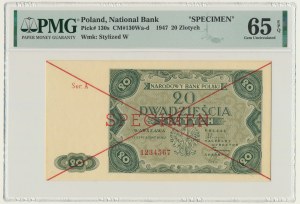 20 złotych 1947 - SPECIMEN - A 1234567 - PMG 65 EPQ