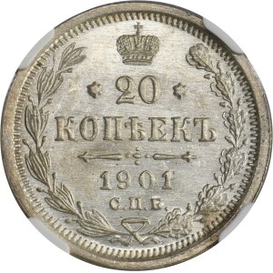 Russia, Nicholas II, 20 Kopeck Petersburg 1901 СПБ ФЗ - NGC MS65