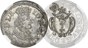 Jean II Casimir, Bicorne Gdansk 1651 GR - NGC MS62 - RARE, BEAU, large cartouche, diamant dans la date