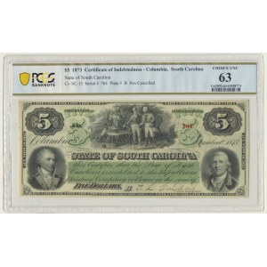 USA, Confederate States America, Karolina Południowa, 5 dolarów 1873 - PCGS 63