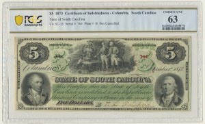 USA, Confederate States America, South Carolina, 5 Dollars 1873 - PCGS 63