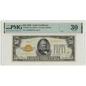 USA, Gold Certificate, 50 dolarów 1928 - Woods & Mellon - PMG 30