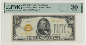 États-Unis, Certificat en or, 50 $ 1928 - Woods & Mellon - PMG 30