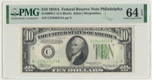 USA, Green Seal, Philadelphia, 10 Dollars 1934 - Julian & Morgenthau - Morgenthau - PMG 64 EPQ