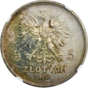 Sztandar, 5 złotych 1930 - NGC MS61 - stempel płytki