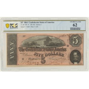 USA, Confederate States America, Richmond, 5 dolarów 1864 - PCGS 62