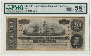 États-Unis d'Amérique, États confédérés d'Amérique, Richmond, 20 dollars 1864 - PMG 58 EPQ