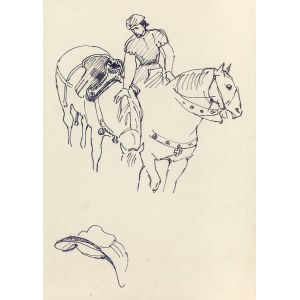 Ludwik MACIĄG (1920-2007), Jazdec na koni, ktorý hladí vedľa stojaceho koňa so sedlom na chrbte, a náčrt sedla