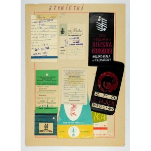 [clothing labels]. A collection of 102 labels and tags applied to garments, fabrics, wool, etc. mounted on 17 plan...