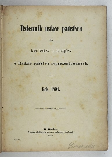 DZIENNIK Ustaw Państwa Dla Królestw I Krajów W Radzie Państwa ...