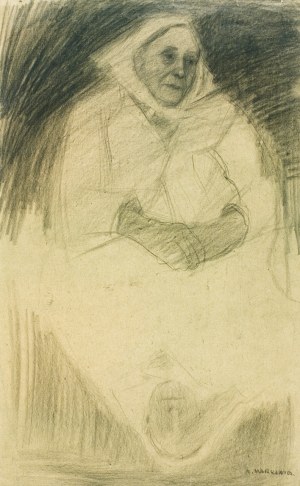 Artur MARKOWICZ (1872-1934), Portret kobiety w chustce siedzącej przy stole