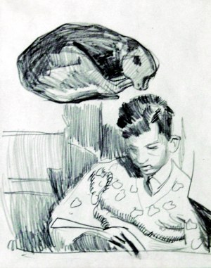 Stanisław KAMOCKI (1875-1944), Młody mężczyzna czytający książkę we wnętrzu, studium śpiącego psa, [I 1925?]