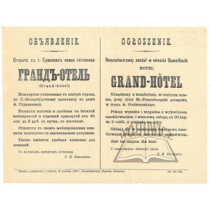 (GRAND-Hotel w Suwałkach). Ogloszenie. Nowootworzony został w mieście Suwałkach Hotel: Grand-Hotel....