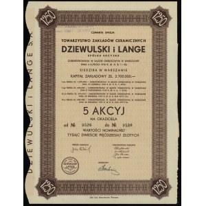 Polska, 5 akcji po 250 złotych = 1.250 złotych, 1937, Warszawa