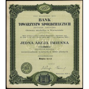 Polsko, akcie na jméno za 500 zlotých, 1929, Varšava