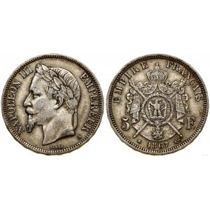Francja, 5 franków, 1867 A, Paryż