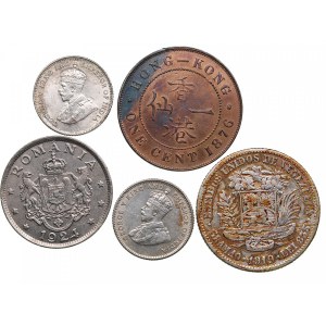 Group of coins: Romania, Venezuela, Straits Settlements and Hong Kong (5)