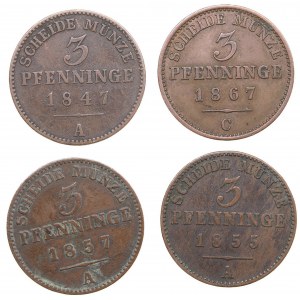 Germany 3 Pfenninge 1854, 1855, 1857, 1867 (4)