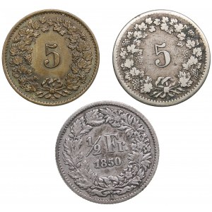 Switzerland 5 Rappen 1850, 1918 & 1/2 Francs 1850 (3)