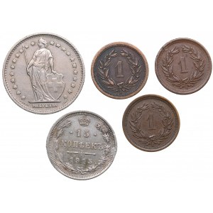 Switzerland 1 Rappen 1875-1902, 1 Francs 1968 & Russia 15 Kopecks 1915 (5)