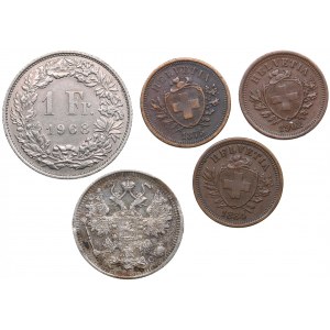 Switzerland 1 Rappen 1875-1902, 1 Francs 1968 & Russia 15 Kopecks 1915 (5)