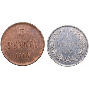 Finland, Russia 1 Markka 1915 & 5 Penniä 1916 (2)