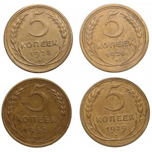Russia, USSR 5 Kopecks 1926, 1928, 1929, 1952 (4)