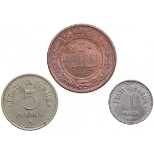 Russia 3 Kopecks 1912, Estonia 5 Marka 1924 & 1 Marka 1922 (3)