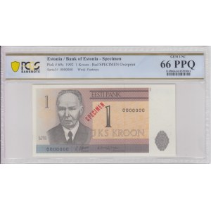Estonia 1 Kroon 1992 - Specimen - PCGS 66 PPQ GEM UNC