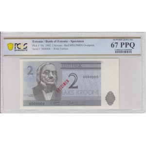 Estonia 2 Krooni 1992 - Specimen - PCGS 67 PPQ SUPERB GEM UNC