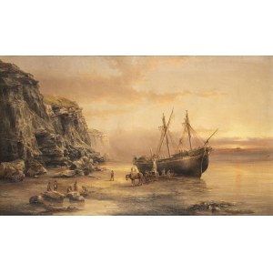 HENRY REDMORE (1820-1887), Coastal landscape with sailing ship, 1884