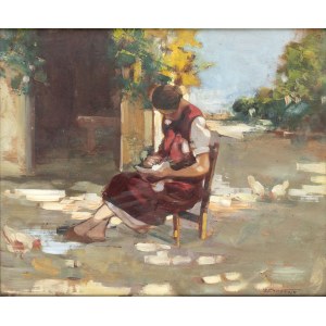ATTILIO ACHILLE BOZZATO (Chioggia, 1886 - Cremona, 1954), Woman sitting in a farmyard