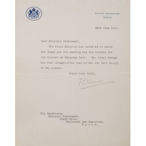 LETTER FROM THE BRITISH DELEGATION IN PARIS TO IGNACY PADEREWSKI, 23.04.1919