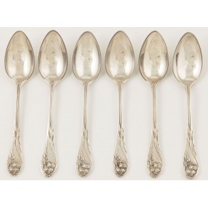 SIX spoons Irys pattern (Art Nouveau), Poland, Warsaw, Fraget, ca. 1900.