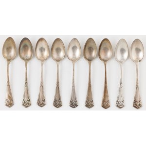 NINE SECESSIONAL SPOONS blueberry cut, Poland, Warsaw, Norblin, 1896 - 1916