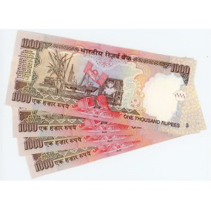 India 4 x 1000 Rupees 2008 With Consecutive Numbers