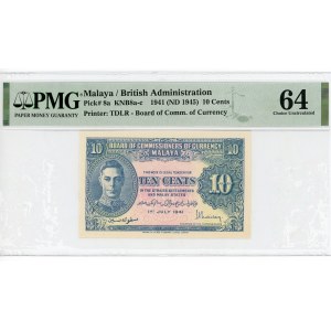 Malaya 10 Cents 1941 (1945) (ND) PMG 64 Choice Uncirculated
