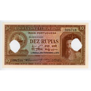 Portuguese India 10 Rupias 1945 Cancelled Note